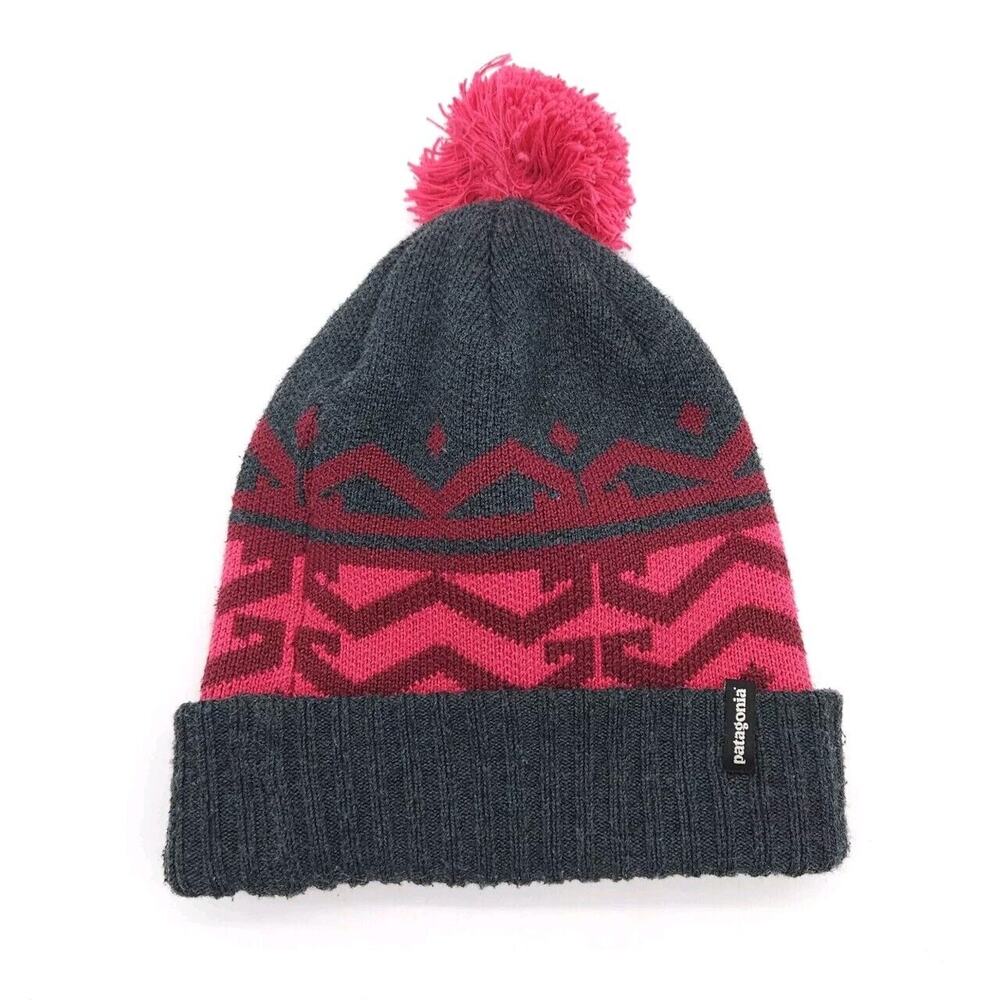 Patagonia Toboggan Beanie Skull Cap One Size Powder Town Pom Pom Pink Gray